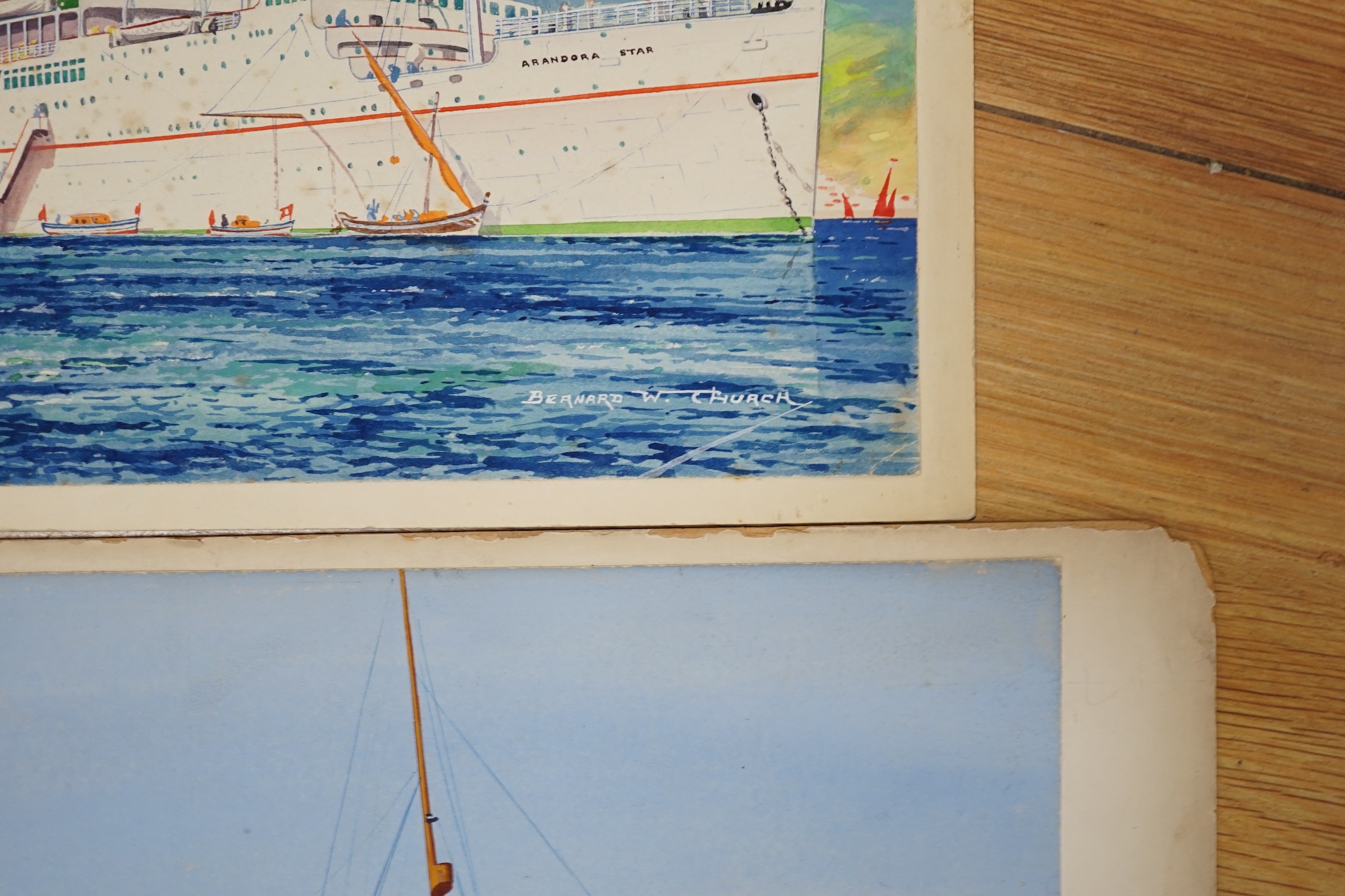 Bernard W. Church (20th. C), two original watercolours for postcard designs, ocean liners, ‘Arandora Star, Blue Star Line’ & ‘Nieuw Amsterdam, Holland America Line’, each signed, unframed, largest 30 x 42cm. Condition -